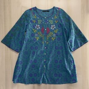 GUDRUN SJODEN oversized embroidered blue floral tunic top blouse loose fit art